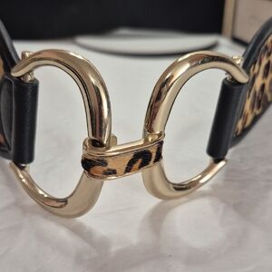 Calf Hair And Leather Stretch Belt With Gold Double Horeshoe Buckle